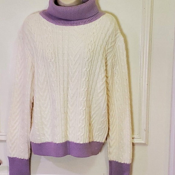 Tularosa Chunky Cream & Lavender Cable Knit Turtleneck Sweater, Size X-Large - Picture 11 of 15